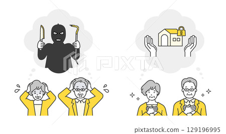 擔心搶劫和非法打工的老年男女的簡單上身形象。插圖素材集。預防犯罪安全。 129196995