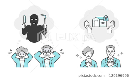 擔心搶劫和非法打工的老年男女的簡單上身形象。插圖素材集。預防犯罪安全。 129196996