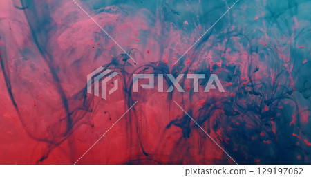 Smoke stream. Pigment blend. Red turquoise drop spill in defocused cloud water. Steam splash color pigment swirl mix abstract background. Smoke stream. Pigment blend. Red turquoise drop spill in defocused cloud water. Steam splash color pigment swirl mix abstract background. 129197062