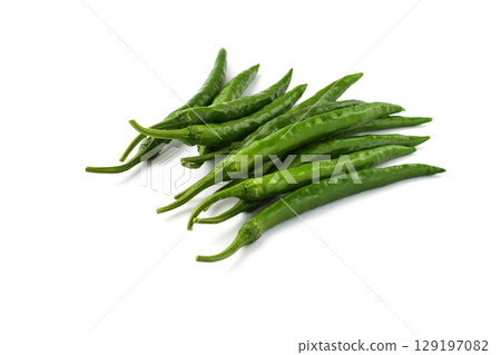 Green chili peppers (white background, copy space available) 129197082