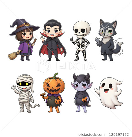 A cute child in a anime-style cartoon Halloween costume, happy for Halloween. Transparent background. 129197152