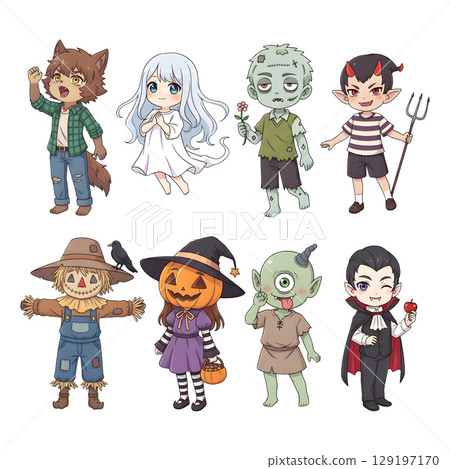 A cute child in a anime-style cartoon Halloween costume, happy for Halloween. Transparent background. 129197170