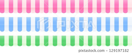 Striped shop tent repeated design set. Store window awning pattern collection. Cafe or restaurant roof canopy pack. Pink, blue and green stall market place cover. Vector repeating stripe sunshades 129197182