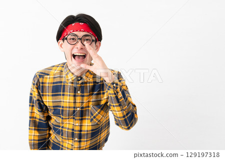 Young man wearing checked clothes Young man wearing checked clothes 129197318