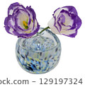 Two purple-edged lisianthus flowers in a cool-toned vase Two purple-edged lisianthus flowers in a cool-toned vase 129197324