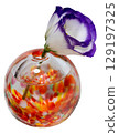 A single purple-edged lisianthus in a warm-colored vase, facing right A single purple-edged lisianthus in a warm-colored vase, facing right 129197325