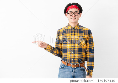 Young man wearing checked clothes Young man wearing checked clothes 129197330