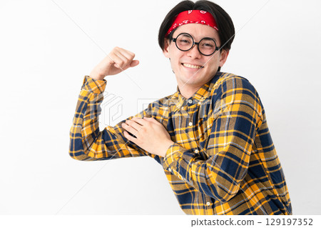 Young man wearing checked clothes Young man wearing checked clothes 129197352