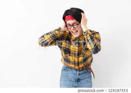 Young man wearing checked clothes Young man wearing checked clothes 129197353