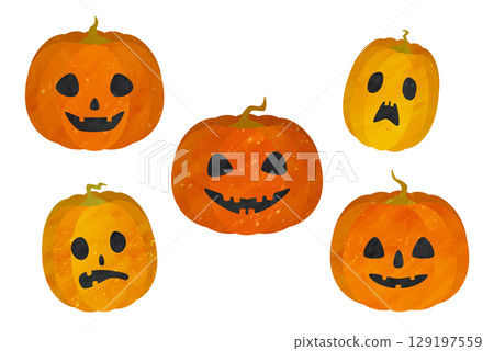 Watercolor hand-drawn illustration of Halloween pumpkins 129197559