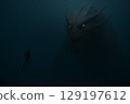 A fantastic illustration of a giant creature lurking in the deep sea 129197612