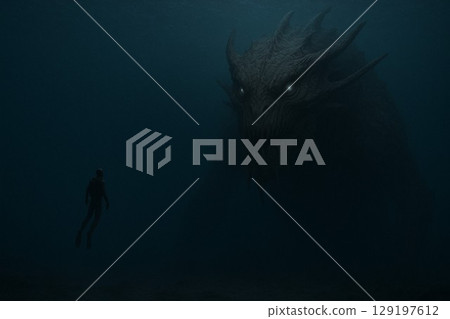 A fantastic illustration of a giant creature lurking in the deep sea 129197612