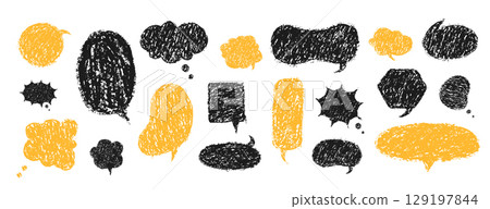 Balloon speech crayons. Kids text boxes Set with Crayon doodles and chalk scribble. Black and Yellow cartoon dialogue boxes 129197844