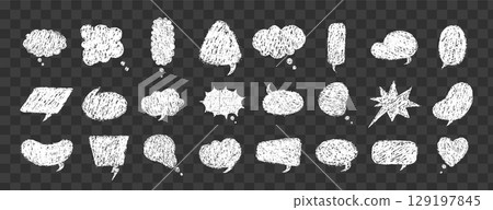 Crayon speech bubbles with grunge texture. Isolated cartoon frames for comics or handwritten dialogues. Childish Vector illustration on dark transparent background 129197845