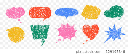Balloon speech crayons. Retro speech bubble collection. Vector set with crayon texture. Comic communication frame with grunge effects Balloon speech crayons. Retro speech bubble collection. Vector set with crayon texture. Comic communication frame with grunge effects 129197846