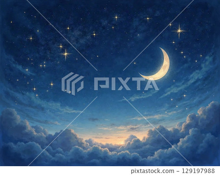 夜空中閃耀的月亮和星星的插圖 129197988