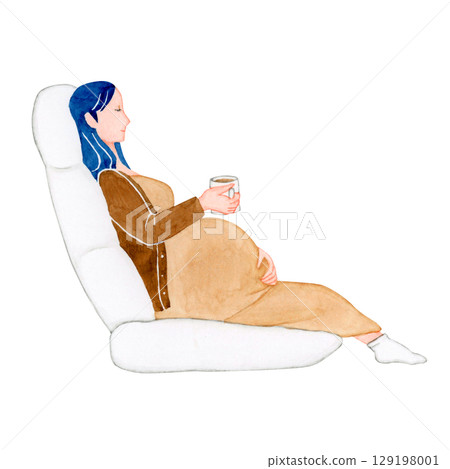 懷孕產婦孕婦坐著放鬆水彩插圖 129198001