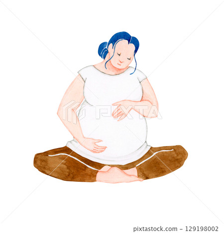 Pregnancy Maternity Pregnant woman sitting cross-legged Watercolor illustration 129198002