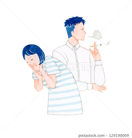 Pregnancy Maternity Pregnant woman suffering from morning sickness and her smoking husband Watercolor illustration 129198009