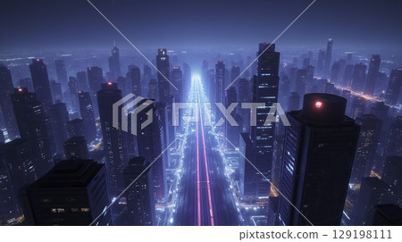 Futuristic cityscape at night with glowing neon blue and pink lights 129198111