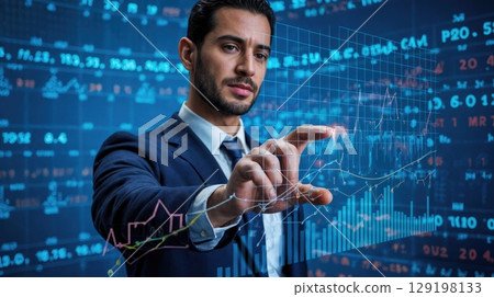 A young Middle-Eastern man in a suit interacts with digital financial data on a screen. He has dark hair and a focused expression. 129198133