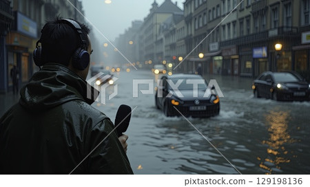 Reporter covering severe urban flooding during heavy rain Reporter covering severe urban flooding during heavy rain 129198136