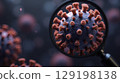 3D close-up of virus under magnifying glass, showing red spike proteins  129198138
