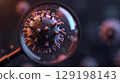 High-detail 3D image of a virus under a magnifying glass  129198143