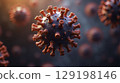 Detailed 3D illustration of a virus with red spikes, floating in a dark environment 129198146