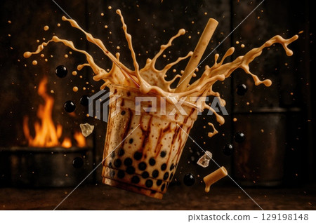 A cup of bubble tea splashes with brown liquid and tapioca pearls. Ice cubes are visible. The background features a warm, rustic setting with flames. 129198148