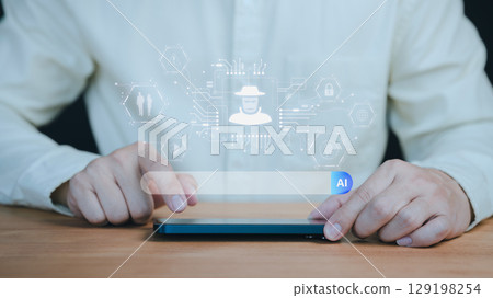 Person uses a smartphone with an AI powered interface displaying cybersecurity threats and hacker icons, highlighting risks in artificial intelligence technology. 129198254