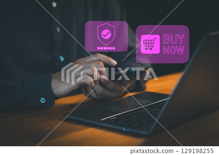 Customer uses a smartphone for secure online shopping, with digital icons showing a shield for security and a cart for instant "Buy Now" action. Secure online payment, Digital banking. Customer uses a smartphone for secure online shopping, with digital icons showing a shield for security and a cart for instant "Buy Now" action. Secure online payment, Digital banking. 129198255