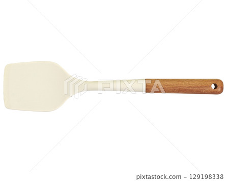 Minimalist kitchen spatula with white silicone head and wooden handle, isolated on white background 129198338