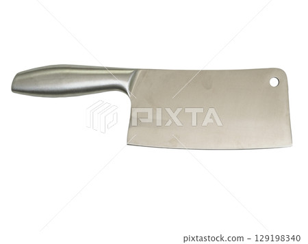 Heavy-duty kitchen cleaver with metallic blade and handle, isolated on white background Heavy-duty kitchen cleaver with metallic blade and handle, isolated on white background 129198340