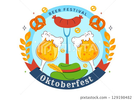 Happy Oktoberfest Party Festival Vector Illustration Featuring Beer, Sausage, Gingerbread, Barrels, German Flag, and Wheat in a Flat Background Happy Oktoberfest Party Festival Vector Illustration Featuring Beer, Sausage, Gingerbread, Barrels, German Flag, and Wheat in a Flat Background 129198482