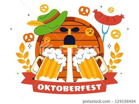 Happy Oktoberfest Party Festival Vector Illustration Featuring Beer, Sausage, Gingerbread, Barrels, German Flag, and Wheat in a Flat Background 129198484