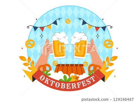 Happy Oktoberfest Party Festival Vector Illustration Featuring Beer, Sausage, Gingerbread, Barrels, German Flag, and Wheat in a Flat Background 129198487