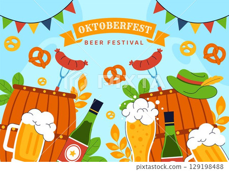 Happy Oktoberfest Party Festival Vector Illustration Featuring Beer, Sausage, Gingerbread, Barrels, German Flag, and Wheat in a Flat Background Happy Oktoberfest Party Festival Vector Illustration Featuring Beer, Sausage, Gingerbread, Barrels, German Flag, and Wheat in a Flat Background 129198488