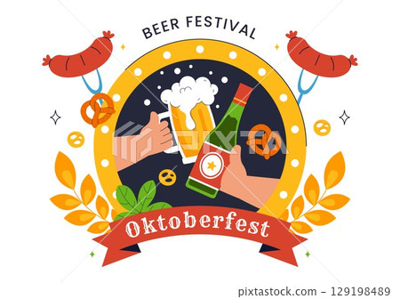 Happy Oktoberfest Party Festival Vector Illustration Featuring Beer, Sausage, Gingerbread, Barrels, German Flag, and Wheat in a Flat Background 129198489