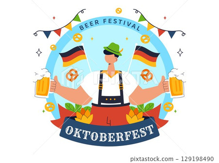 Happy Oktoberfest Party Festival Vector Illustration Featuring Beer, Sausage, Gingerbread, Barrels, German Flag, and Wheat in a Flat Background Happy Oktoberfest Party Festival Vector Illustration Featuring Beer, Sausage, Gingerbread, Barrels, German Flag, and Wheat in a Flat Background 129198490