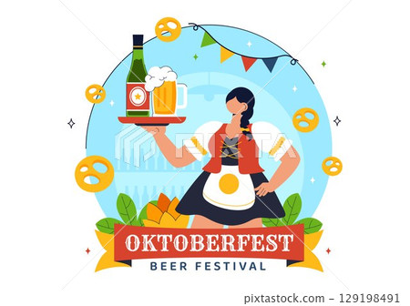 Happy Oktoberfest Party Festival Vector Illustration Featuring Beer, Sausage, Gingerbread, Barrels, German Flag, and Wheat in a Flat Background 129198491