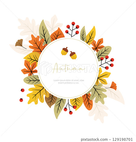 Autumn hand drawing cute leaf drawing and round frame material, wide and wide notification sea report leaflet 129198701