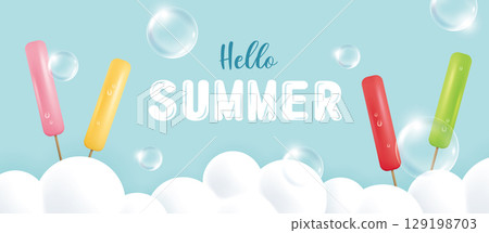 夏日冰淇淋棒和透明泡泡，夏日冰淇淋報道寬廣公告公告卷素材表 129198703