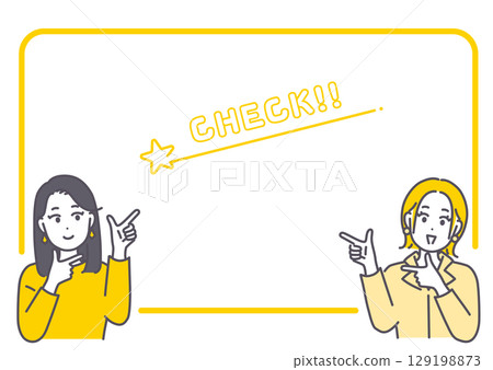 Illustration and frame material of a young woman pointing 129198873
