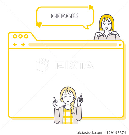 Illustration of a young woman pointing and a browser tab-style frame material 129198874
