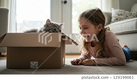 Happy little girl and fluffy cat share moment of pure joy playing with simple cardboard box at home 129199061