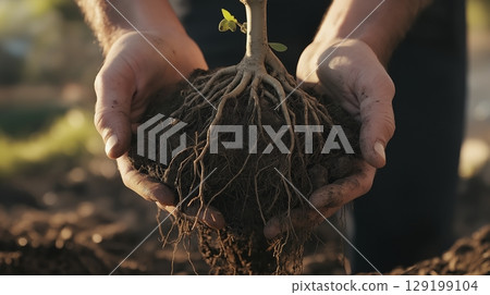 Planting tree roots establishes strong foundation for future stability 129199104