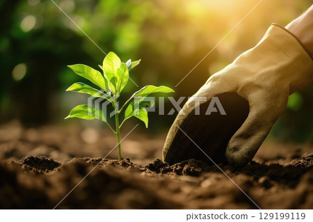 Hand in glove carefully planting young sapling into rich soil 129199119