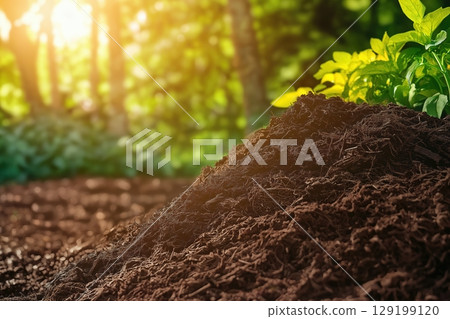 Pile of organic compost waits to nourish young trees after planting 129199120