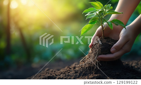Nurturing new life, hands carefully place sapling into earth 129199122